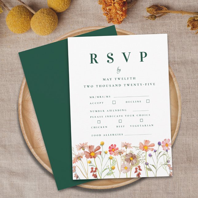 Boho Fall Wildflower Meal Options Wedding RSVP Card (Boho wildflower floral green wedding rsvp card watercolor flowers meal choices food allergies )