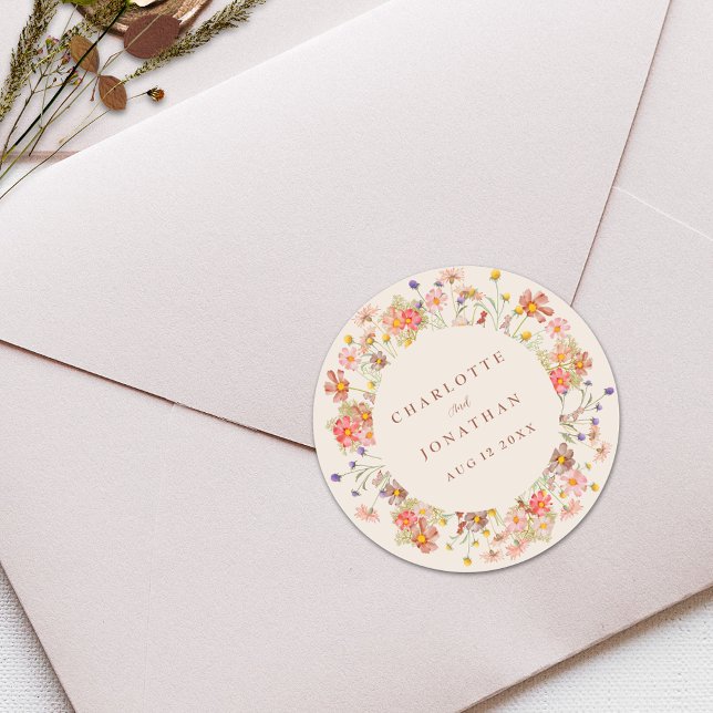 Boho Fall Wildflower Personalised Wedding Classic Round Sticker (Boho fall wildflower rustic floral beige burnt orange terracotta personalized wedding stickers)