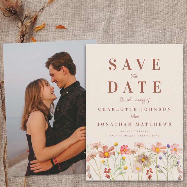 Boho Fall Wildflower Photo Wedding Save The Date (Boho chic Wildflower meadow fall floral tan beige Wedding save the date card)
