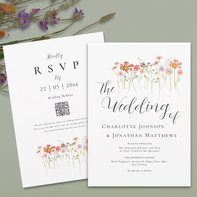Boho Fall Wildflower QR Code Invitation (Boho fall Wildflower floral Wedding qr code invitation Watercolor meadow flowers autumn colors)