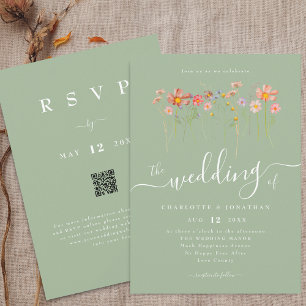 Boho Fall Wildflower Sage Green QR code Wedding Invitation