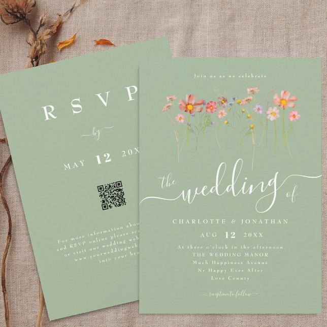 Boho Fall Wildflower Sage Green QR code Wedding Invitation (Boho fall Wildflower floral sage green Wedding qr code invitation Elegant modern script watercolor)