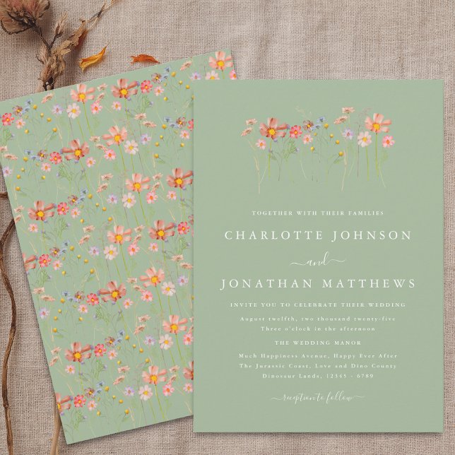 Boho Fall Wildflower Sage Green Wedding Invitation (Boho fall Wildflower meadow floral sage green Wedding Invitation Elegant modern script terracotta )