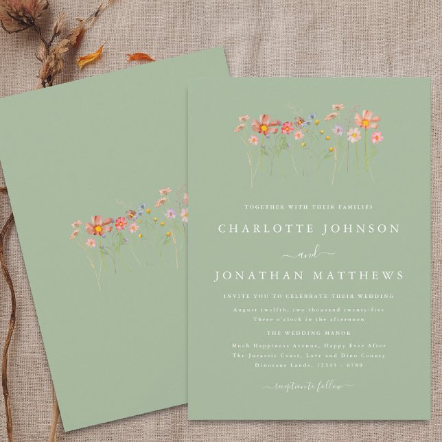 Boho Fall Wildflower Sage Green Wedding Invitation (Boho fall Wildflower meadow floral sage green terracotta Wedding Invitation Elegant modern script )