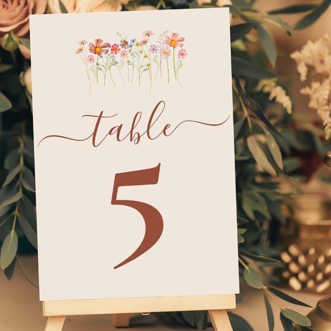 Boho Fall Wildflower Tan Beige Terracotta Wedding Table Number (Boho Wildflower floral tan beige terracotta rust Wedding table number card Watercolor florals)