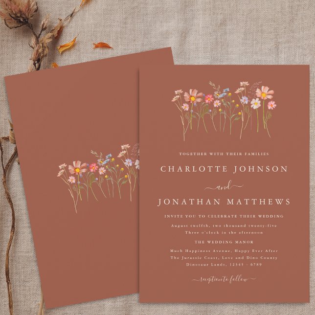 Boho Fall Wildflower Terracotta Orange Wedding Invitation (Boho fall Wildflower floral beige terracotta Wedding invitation Watercolor flowers autumn colors)