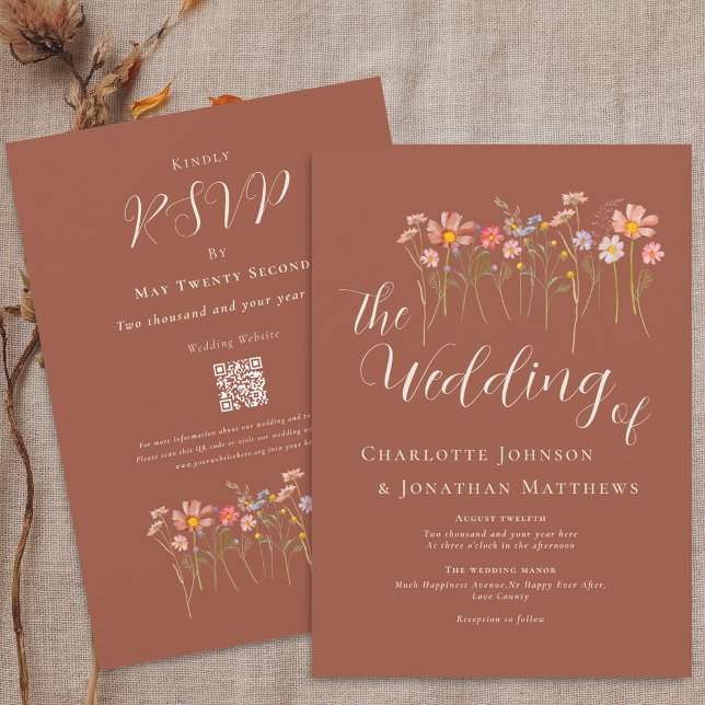 Boho Fall Wildflower Terracotta QR Code Invitation (Boho rustic fall wildflower floral terracotta brown wedding qr code invitation watercolor meadow )