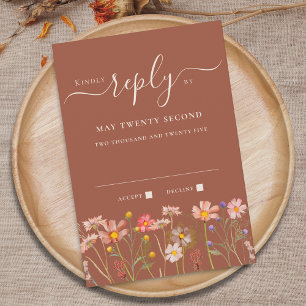 Boho Fall Wildflower Terracotta Rust Beige Wedding RSVP Card