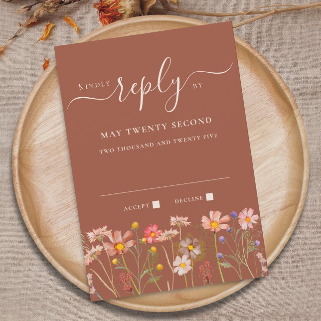 Boho Fall Wildflower Terracotta Rust Beige Wedding RSVP Card (Boho fall Wildflower terracotta rust floral Wedding RSVP Card Elegant script)