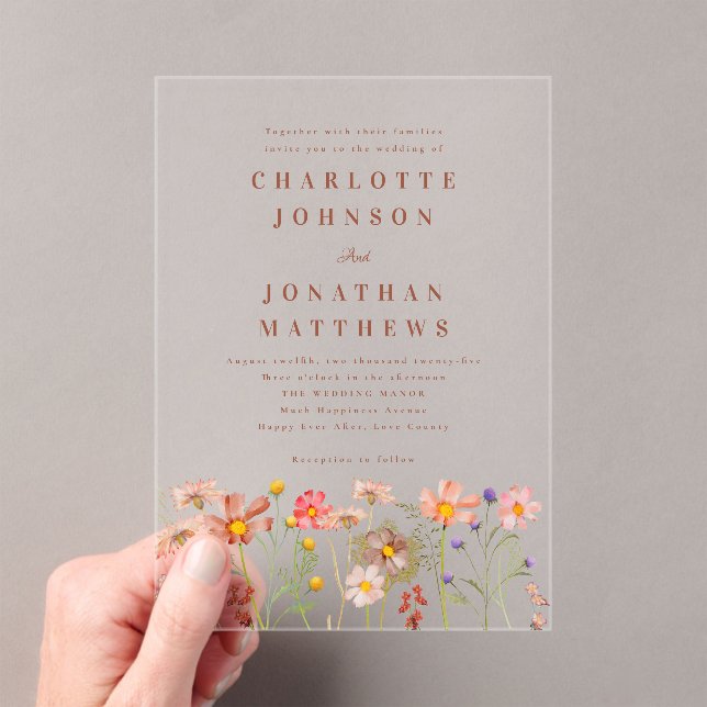Boho fall Wildflower Terracotta Rust Wedding Acrylic Invitations (Insitu (Handheld))