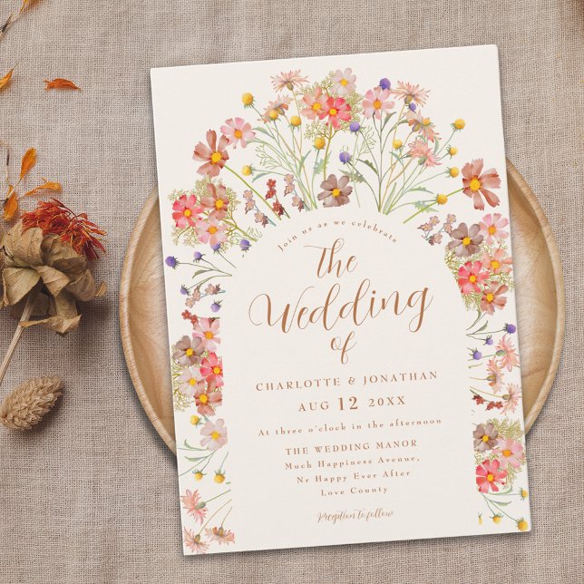 Boho Fall Wildflower Terracotta Wedding Invitation (Boho fall wildflower terracotta burnt orange wedding invitation with elegant arch and modern script )