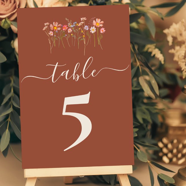 Boho Fall Wildflower Terracotta Wedding Table Number (Boho fall Wildflower floral terracotta rust tan beige Wedding table number cards)