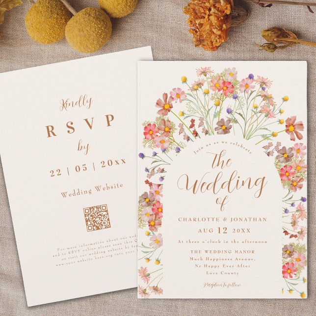 Boho Fall Wildflower Wedding Invitation (Boho fall Wildflower floral arch elegant script Wedding invitation terracotta burnt orange beige )