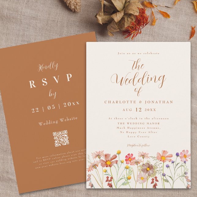 Boho Fall Wildflower Wedding Invitation (Boho fall Wildflower meadow terracotta burnt orange Wedding invitation with elegant modern script )