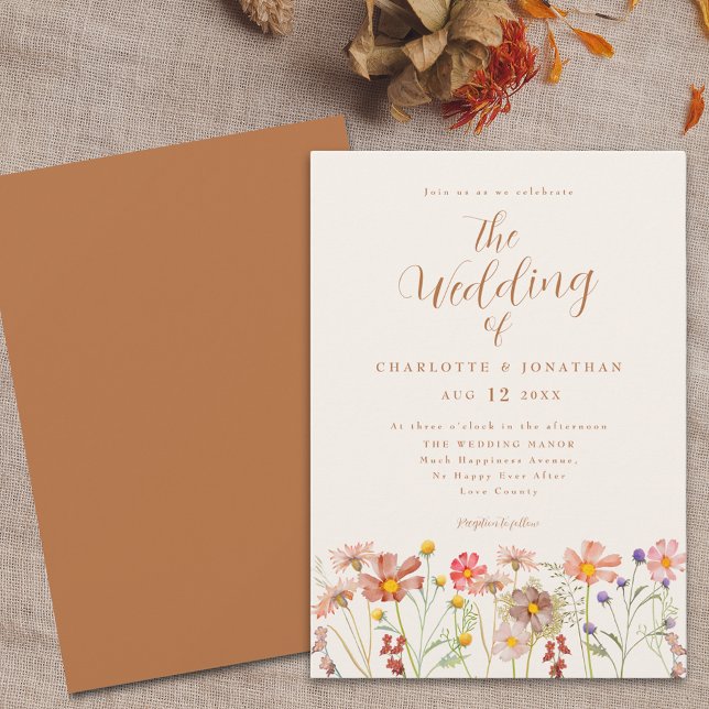 Boho Fall Wildflower Wedding Invitation (Boho Wildflower meadow burnt orange terracotta fall Wedding invitation with elegant modern script )