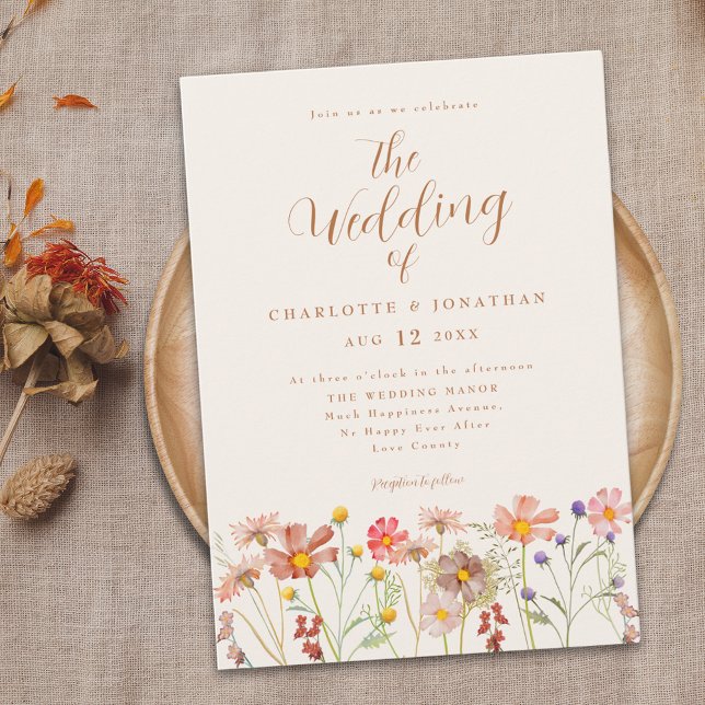 Boho Fall Wildflower Wedding Invitation (Boho fall Wildflower meadow terracotta burnt orange Wedding invitation with elegant script )