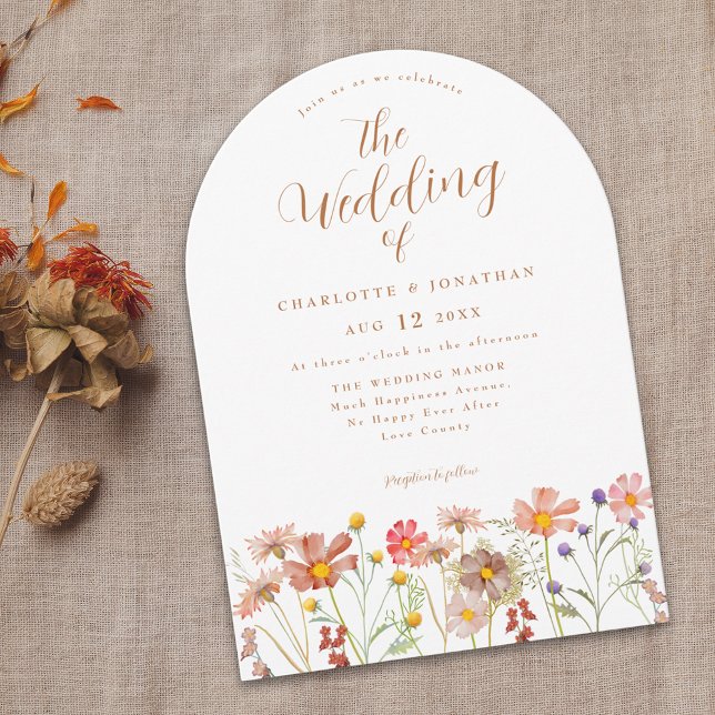 Boho Fall Wildflower Wedding Invitation (Boho fall Wildflower rustic country meadow Wedding invitation terracotta burnt terracotta script)