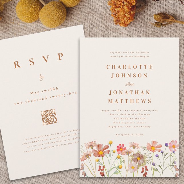 Boho Fall Wildflower Wedding Invitation (Boho fall wildflower wedding invitation watercolor autumn florals terracotta beige burnt orange)