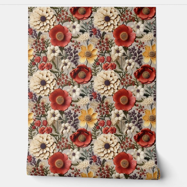 Boho fall wildflowers copper rust burgundy wallpaper (Unrolling)