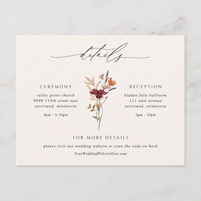 Boho Fall Wildflowers Wedding Details Enclosure Card (Front)