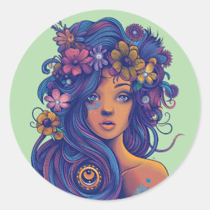 Boho Fantasy Woman with Floral Hair Classic Round Sticker