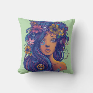 Boho Fantasy Woman with Floral Hair Cushion