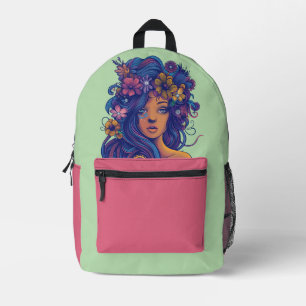 Boho Fantasy Woman with Floral Hair Printed Backpack