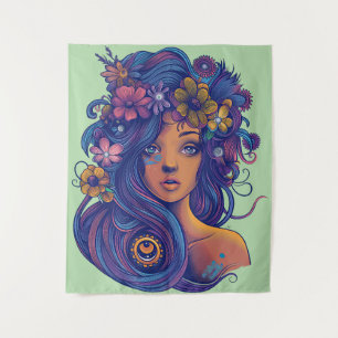 Boho Fantasy Woman with Floral Hair Tapestry