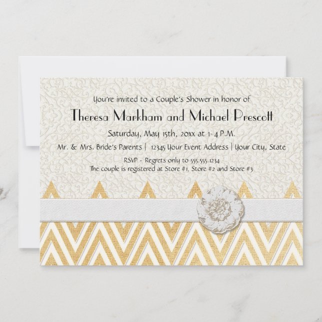 BOHO Faux Burlap n Lace cHEVRON modern mod style Invitation (Front)