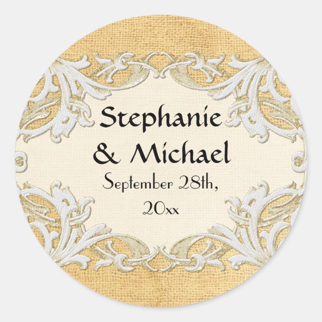 BOHO Faux Burlap n Lace gypsy modern mod style Classic Round Sticker (Front)
