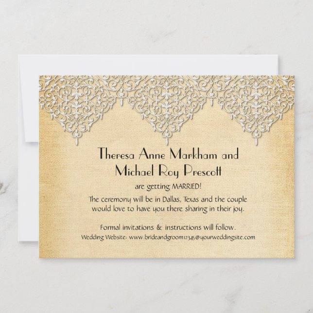 BOHO Faux Burlap n Lace gypsy modern mod style Save The Date (Front)