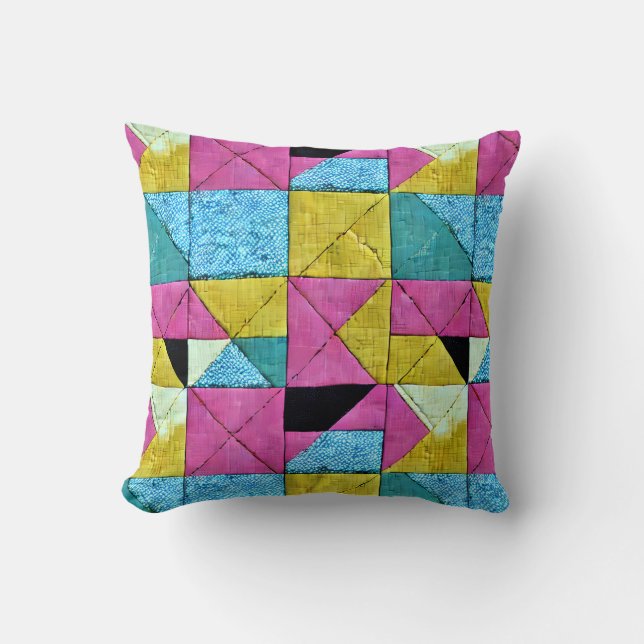 Boho Faux Patchwork Quilt Pink Yellow Blue Cushion (Front)