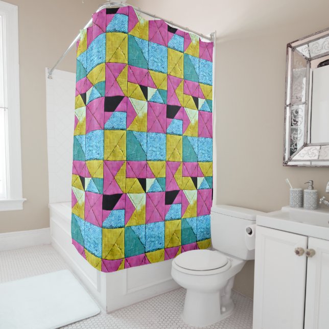 Boho Faux Patchwork Quilt Pink Yellow Blue Shower Curtain (In Situ)