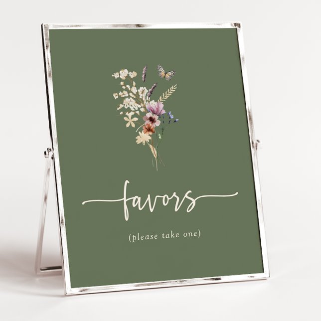 Boho Favours Poster (Watercolor Wildflower Sage Green Boho Favors Poster with Butterfly by Painted Paperie
)