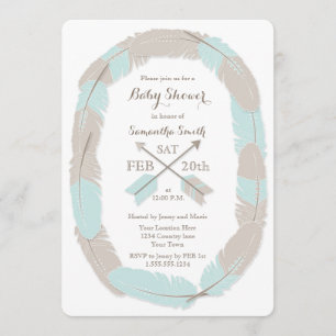 Boho Feather and Arrow Blue Baby Shower Invitation