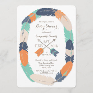 Boho Feather & Arrow Navy Orange Teal Baby Shower Invitation
