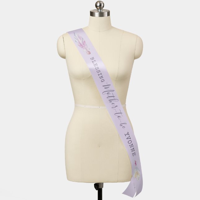 Boho feather beads purple mother to be blessing sash (Mannequin)