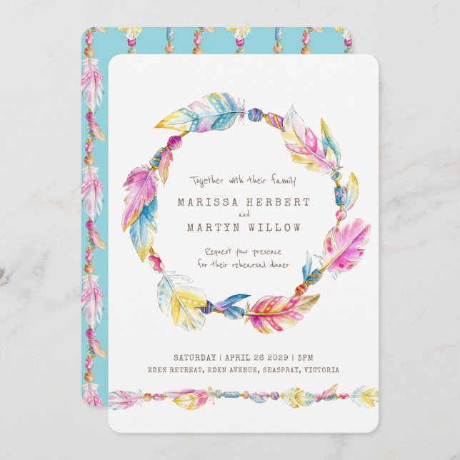 Boho feather beads watercolor rehearsal dinner invitation (Front/Back)