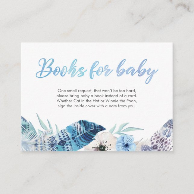 Boho feather blue Books for baby Baby Shower Card (Front)