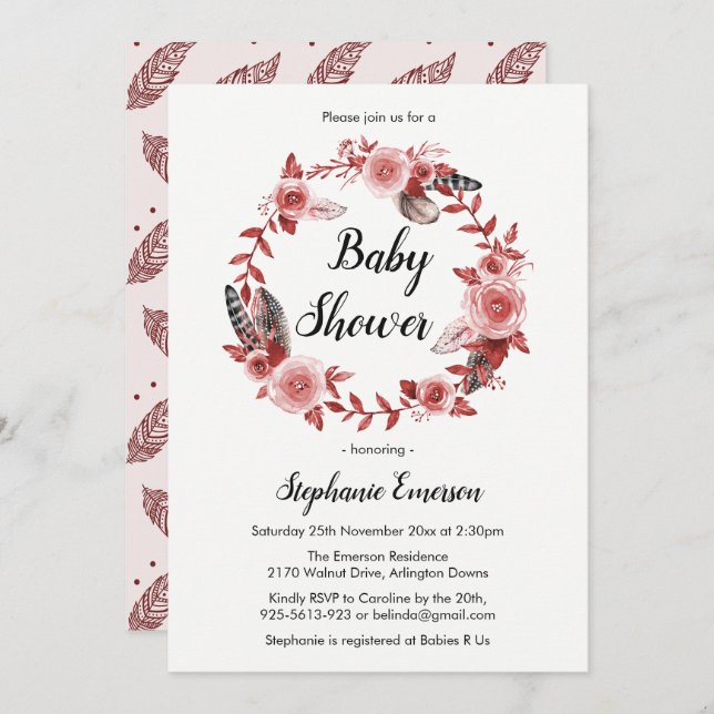 Boho Feather Burgundy Blush Baby Shower Invitation (Front/Back)