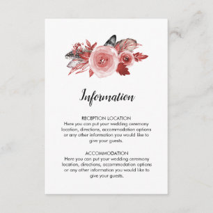 Boho Feather Burgundy Rose Wedding Information Enclosure Card