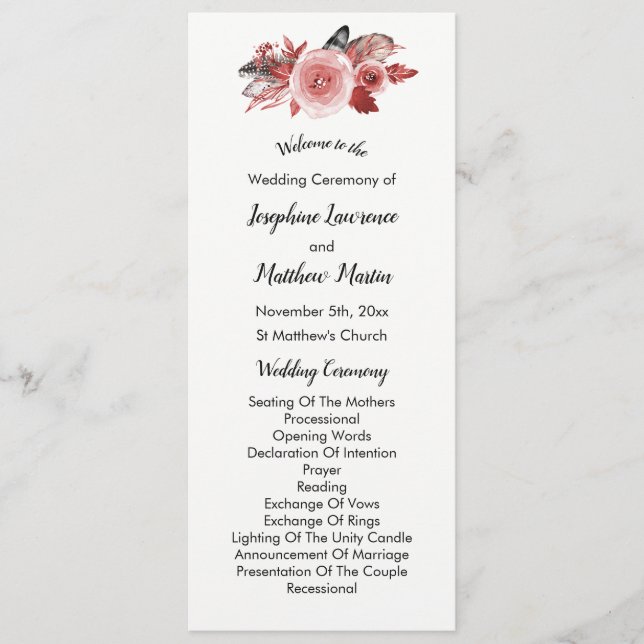 Boho Feather Burgundy Rose Wedding Programs (Front)