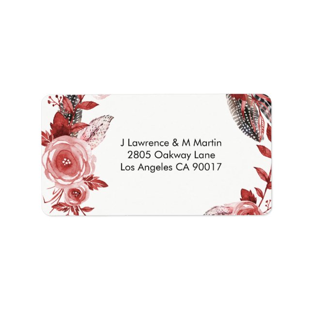 Boho Feather Burgundy Rose Wreath Address Label (Front)