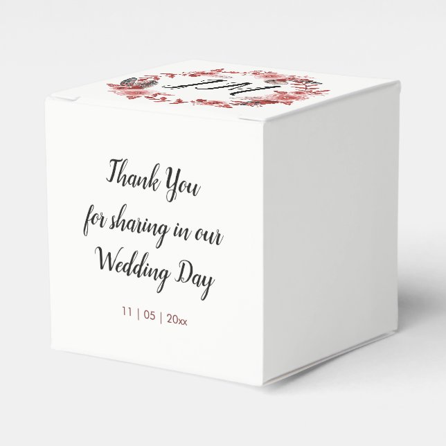 Boho Feather Burgundy Rose Wreath Monogram Favour Box (Front Side)