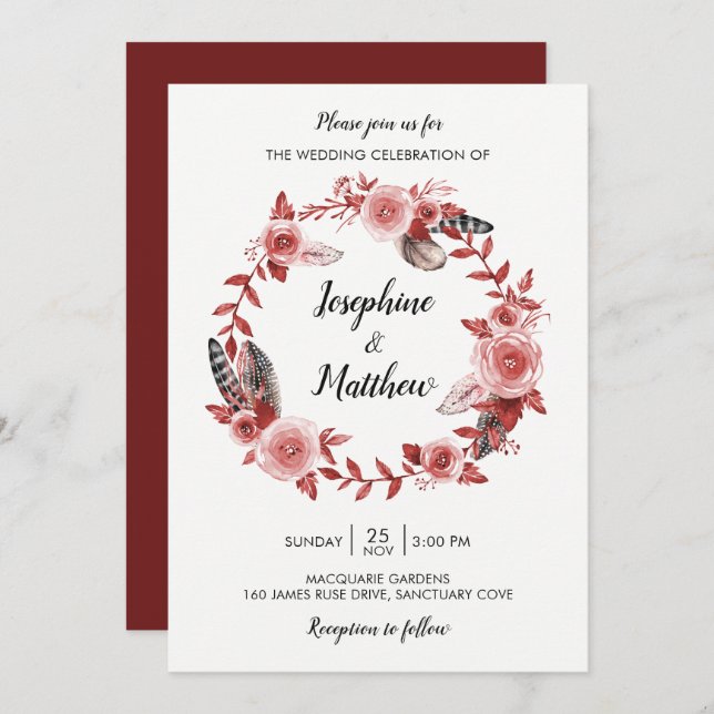 Boho Feather Burgundy Rose Wreath Wedding Invitation (Front/Back)