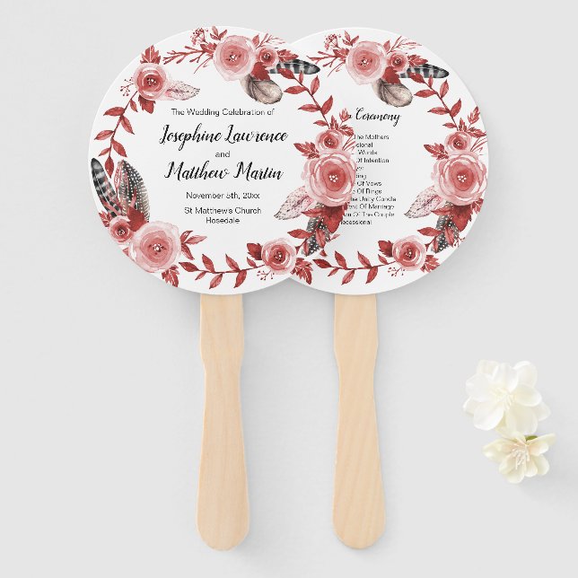 Boho Feather Burgundy Rose Wreath Wedding Programs Hand Fan (Front and Back)