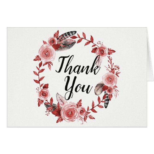 Boho Feather Burgundy Rose Wreath Wedding Thanks (Front Horizontal)