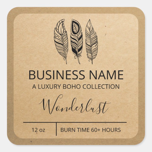 Boho Feather Design Kraft Paper Soy Candle Labels (Front)