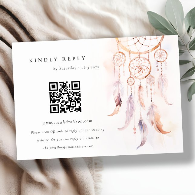 Boho Feather Dreamcatcher Wedding RSVP QR Code Enclosure Card (Creator Uploaded)
