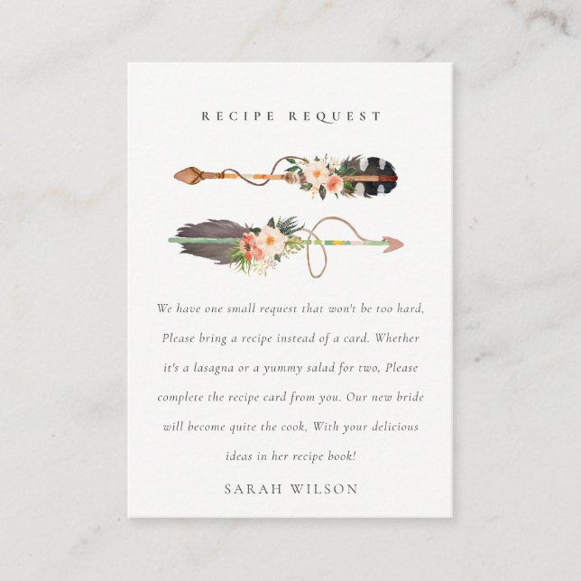 Boho Feather Floral Arrow Recipe Request Bride Enclosure Card (Front)